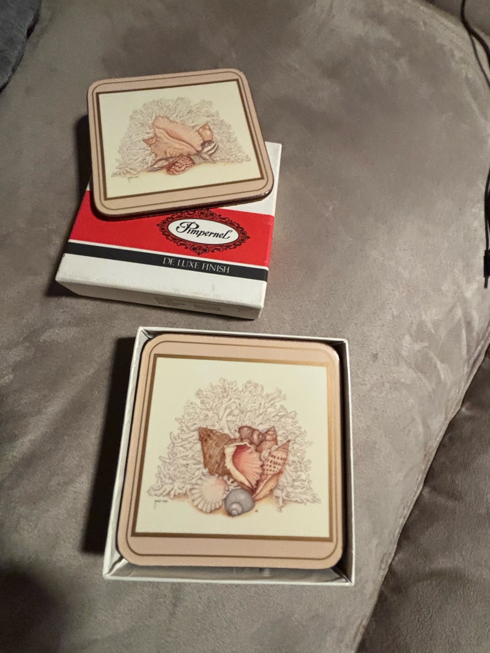 Vintage Pimpernel De Luxe Finish coaster set seashells, made in England NOS